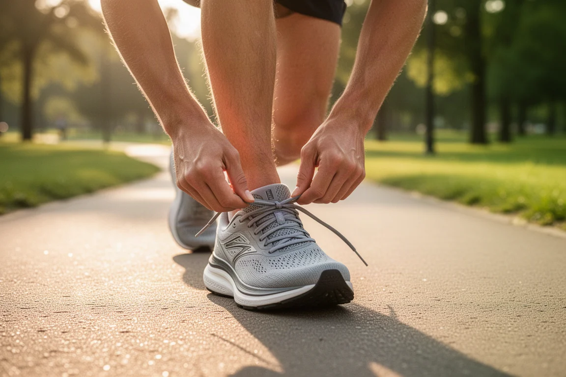 Un runner allaccia le scarpe da running in una mattina di sole