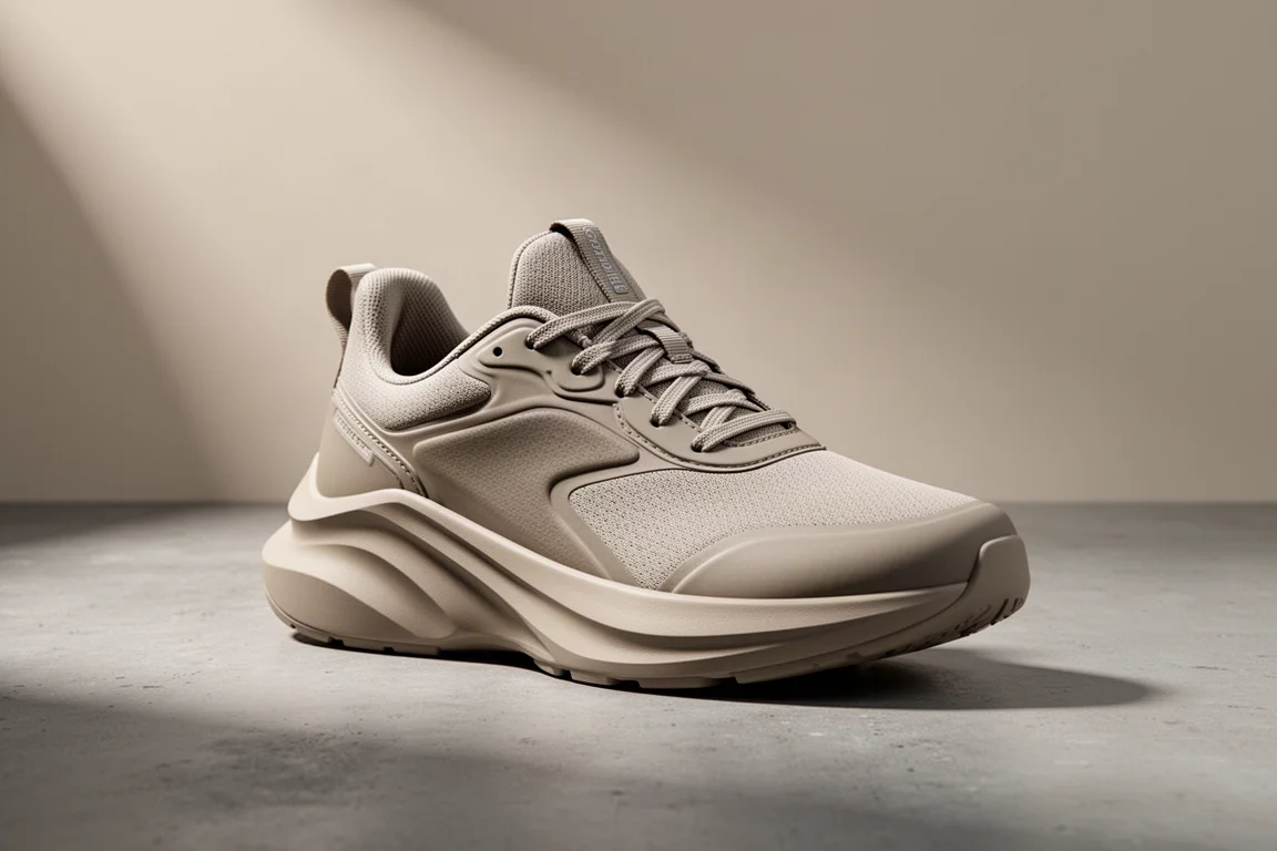 Cushioned Hoka-style daily running shoe on a concrete surface in soft studio light