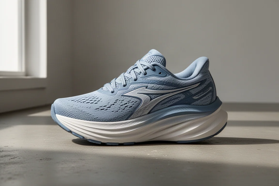 Hoka Skyflow cushioned running shoe in three-quarter profile on concrete