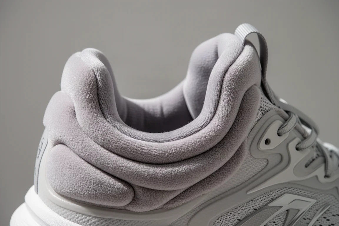 Primer plano de una lengüeta acolchada y el collar del talón de una zapatilla de running