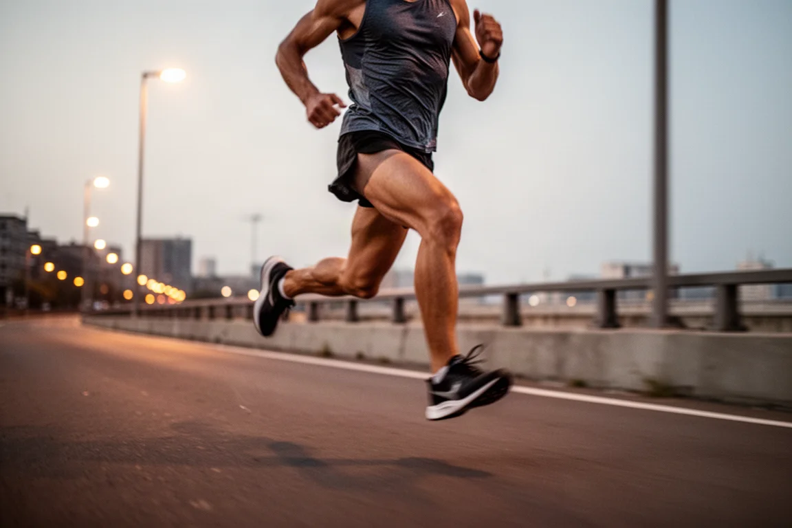 Corredor manteniendo un ritmo constante en un run progresivo al atardecer