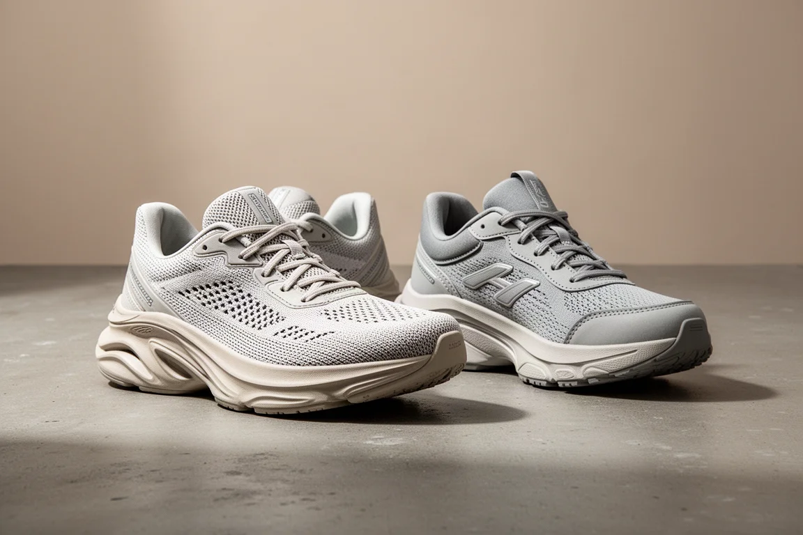 Hoka Skyflow and Clifton 10 running shoes side by side on concrete