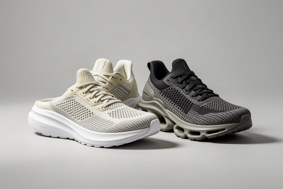 Two cushioned running shoes side by side on a grey studio backdrop