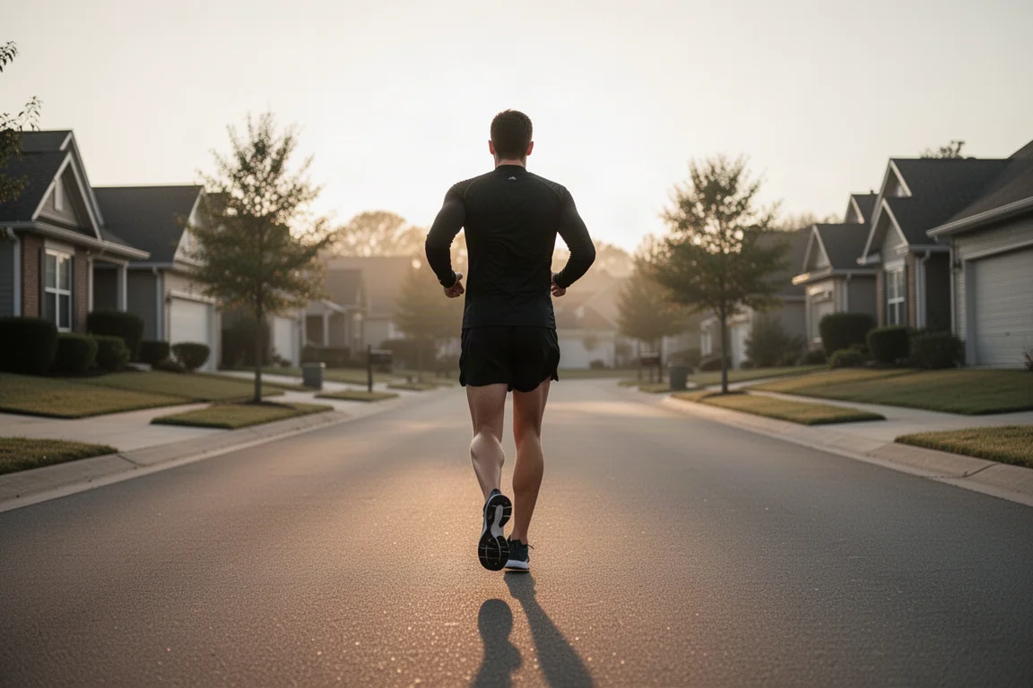 Runner logging an early morning high-mileage run on suburban streets