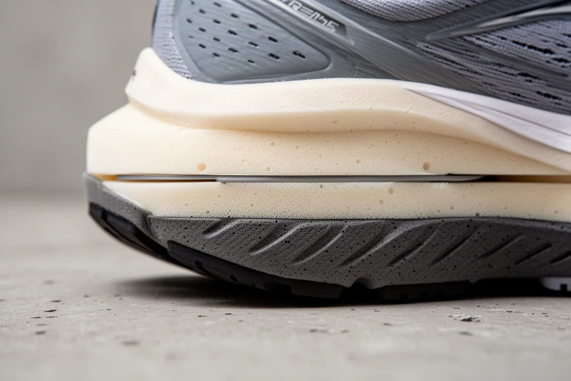 Close-up of a layered two-foam midsole with a visible plate structure