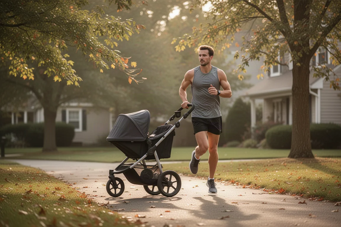 Runner pushing a jogging stroller on an afternoon suburban path
