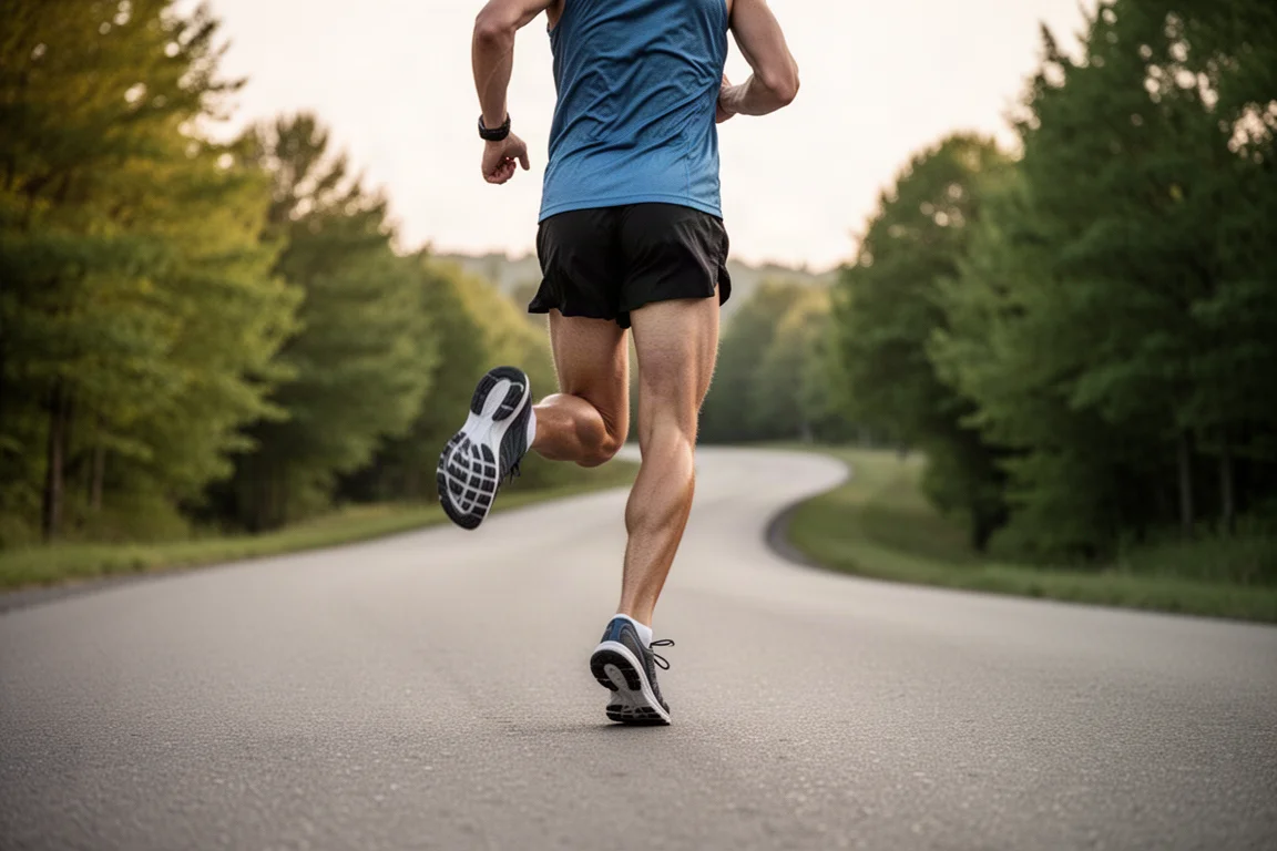 Runner cruising downhill on a rolling hill road during a training run