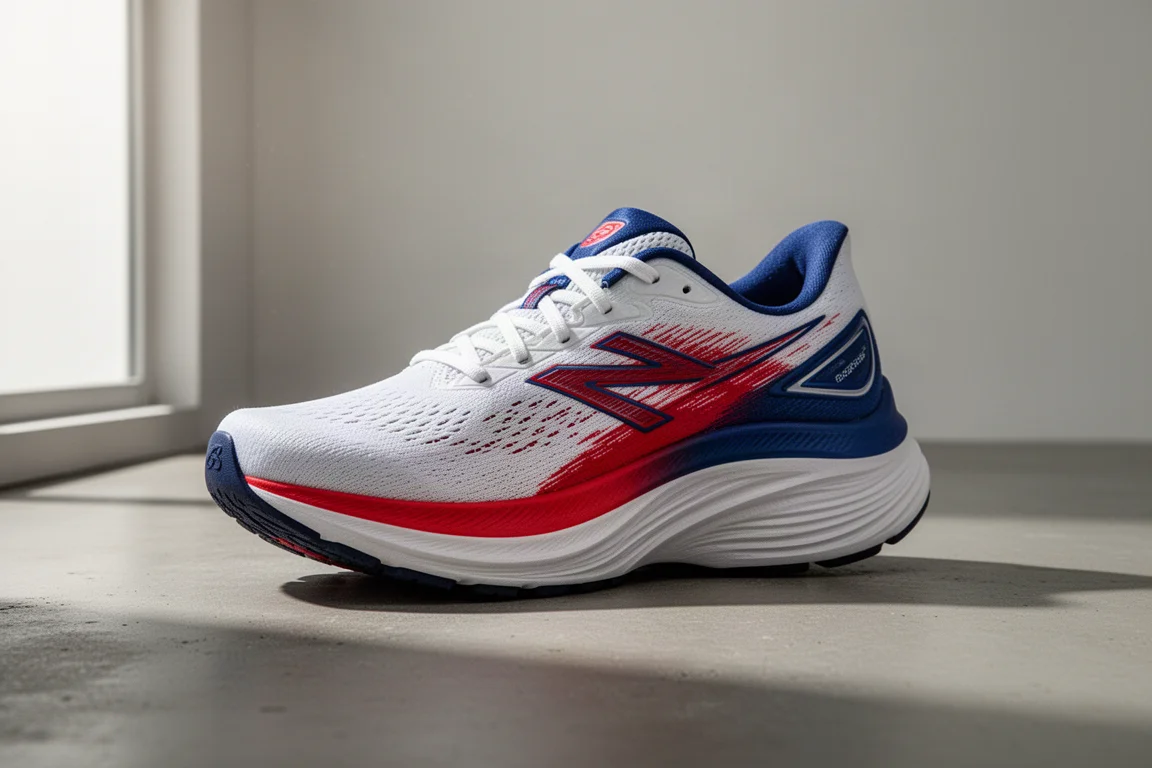 Pair of max-cushion running shoes with layered midsole on concrete