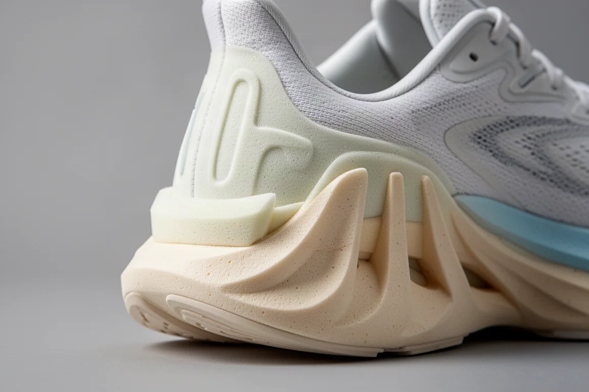 Tall stacked running shoe midsole viewed from the side showing layered foam