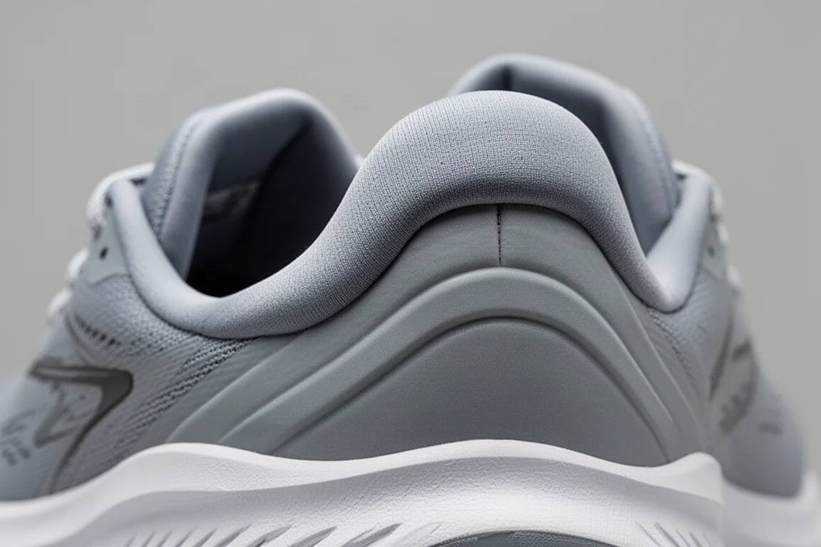 Close-up of the padded heel collar and rounded heel counter of a running shoe