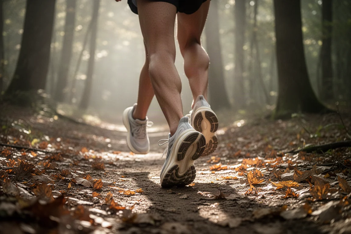 Corredor caminando por un sendero forestal con luz suave de mañana, calzando zapatillas de running con gran amortiguación