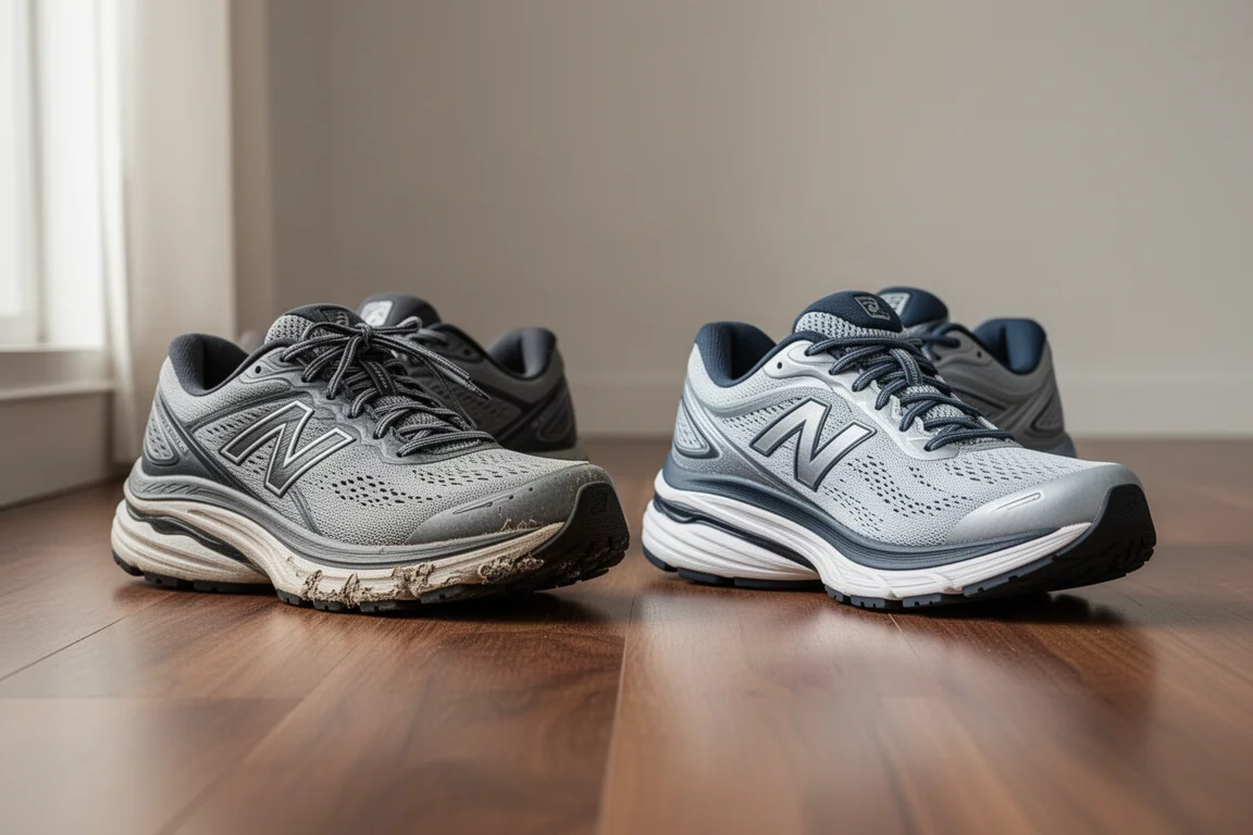 Dos zapatillas de running una junto a la otra sobre suelo de madera, una claramente más antigua y desgastada