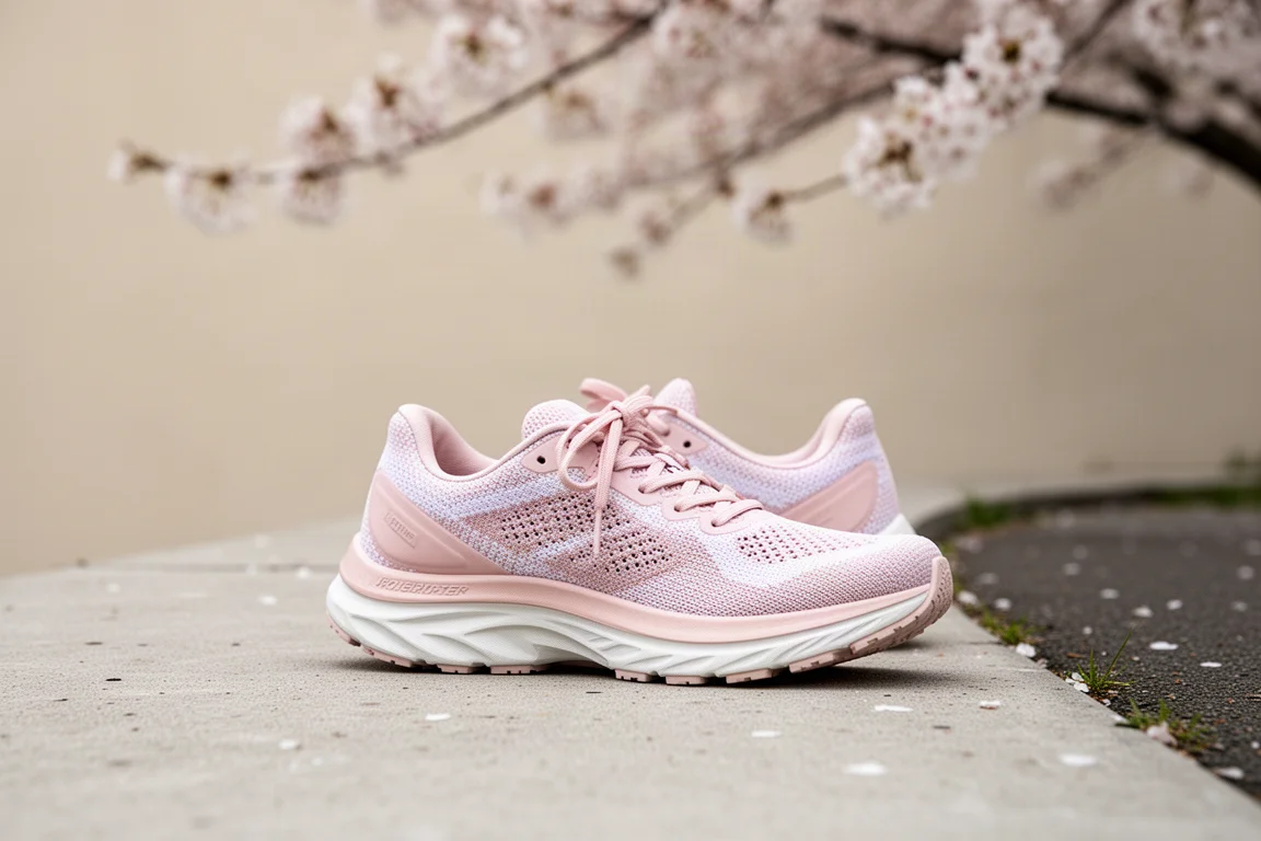 Zapatilla de running de alta amortiguación apoyada sobre el hormigón junto a un sendero de parque