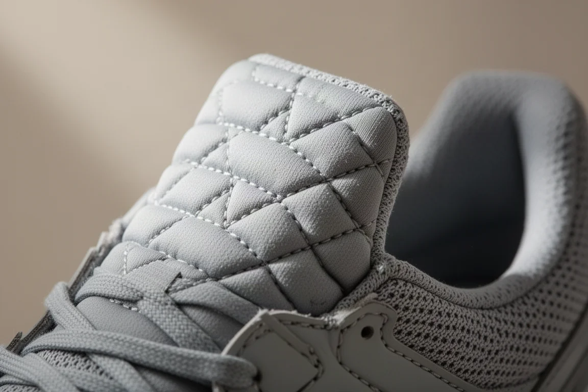 Primer plano de la lengüeta acolchada de la zapatilla mostrando su textura acolchada tipo edredón