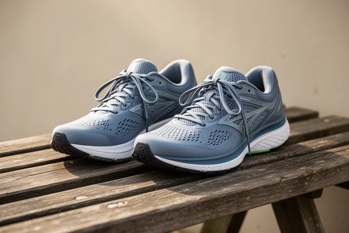Dos zapatillas de running lado a lado sobre un banco tras una tirada larga