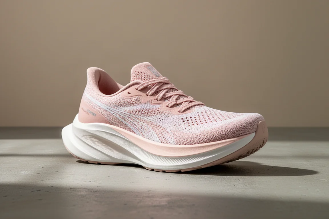 Hoka Skyward X 2 Laufschuh in Rosa und Weiß auf Betonoberfläche
