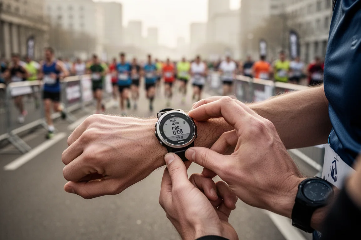 Runner adjusting a GPS watch before a city half marathon start