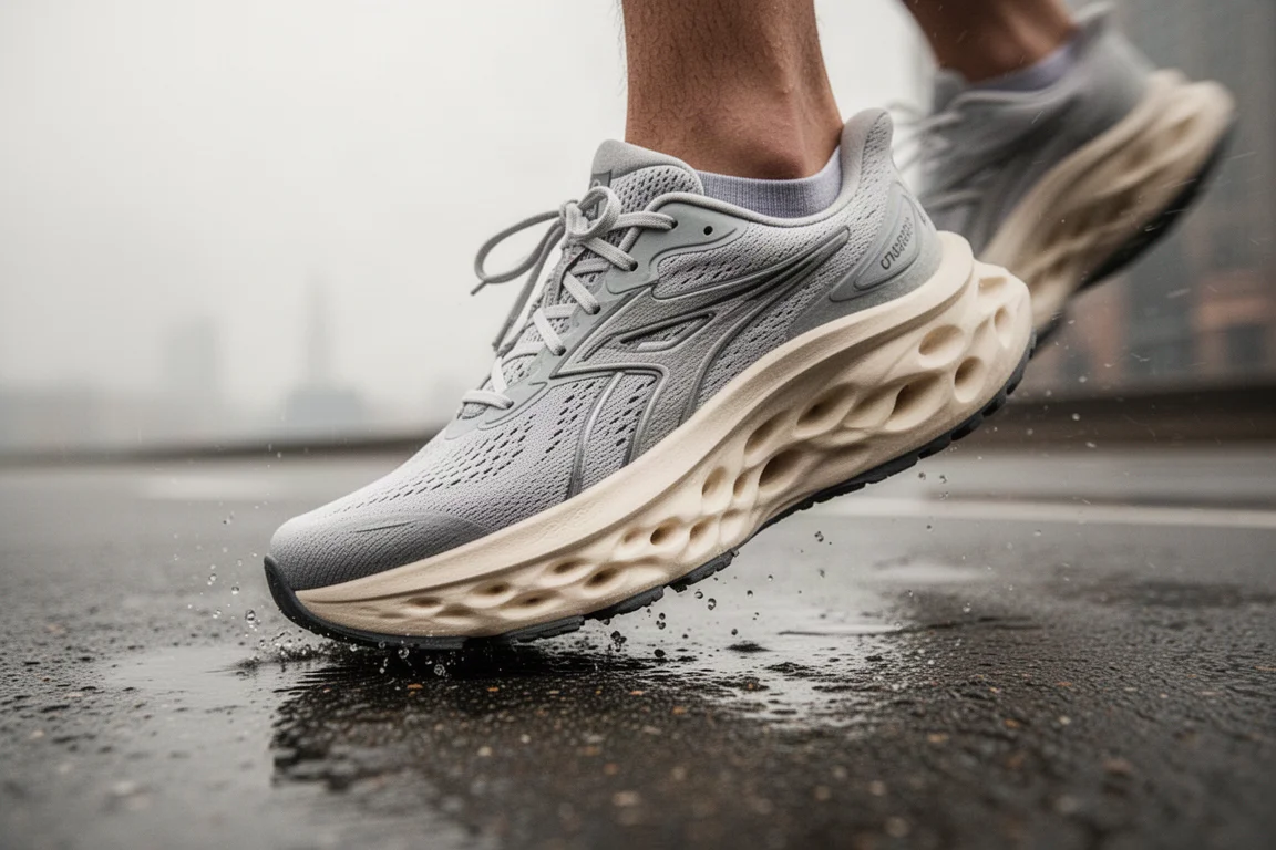 Max-cushioned road running shoe midsole flexing during a run