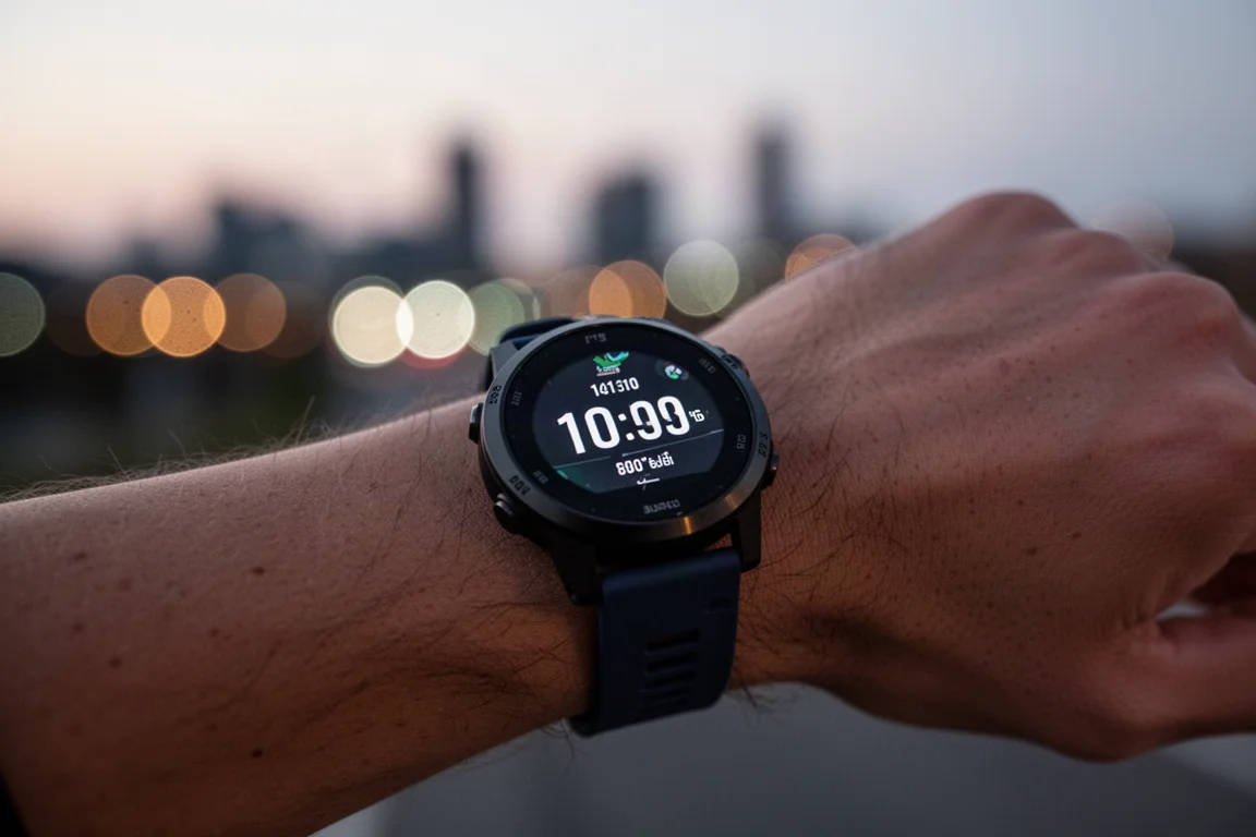 GPS watch screen glowing during an evening run