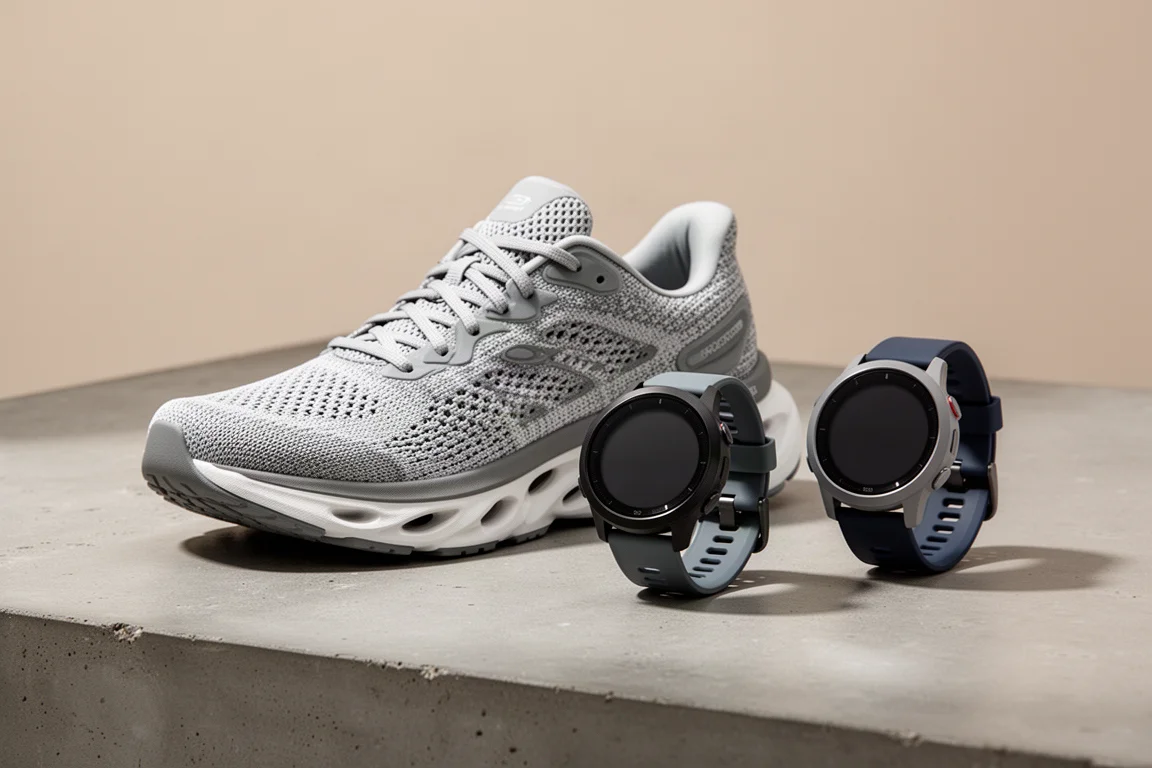 Hoka-Laufschuh und zwei Garmin-Sportuhren auf einer Betonoberfläche