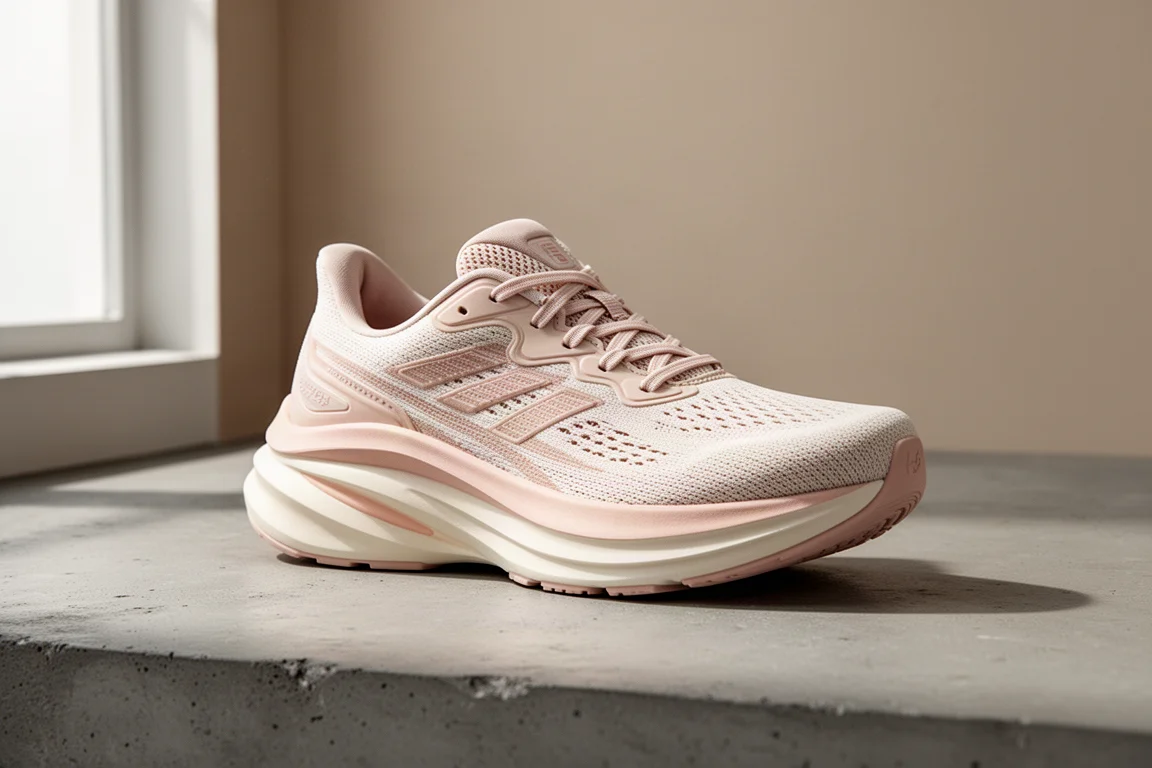 Maximal gedämpfter Laufschuh mit dicker, cremefarbener und rosa Mittelspiele aus Schaumstoff auf Betonoberfläche