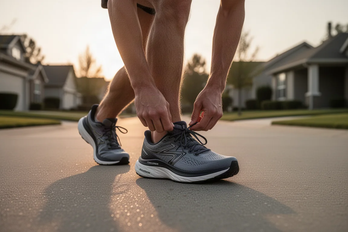 Corridore che allaccia una scarpa da strada max cushion su una strada suburbana all'alba