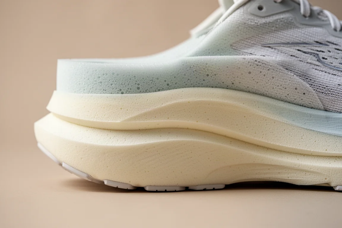 Primo piano di una midsole in schiuma a strati con una struttura a piastra curva