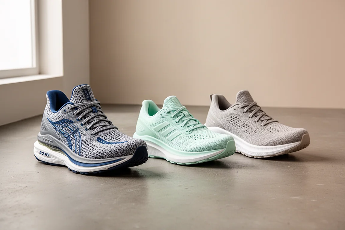 Tre scarpe da running, tra cui una trainer max-cushion alta, su una superficie in cemento