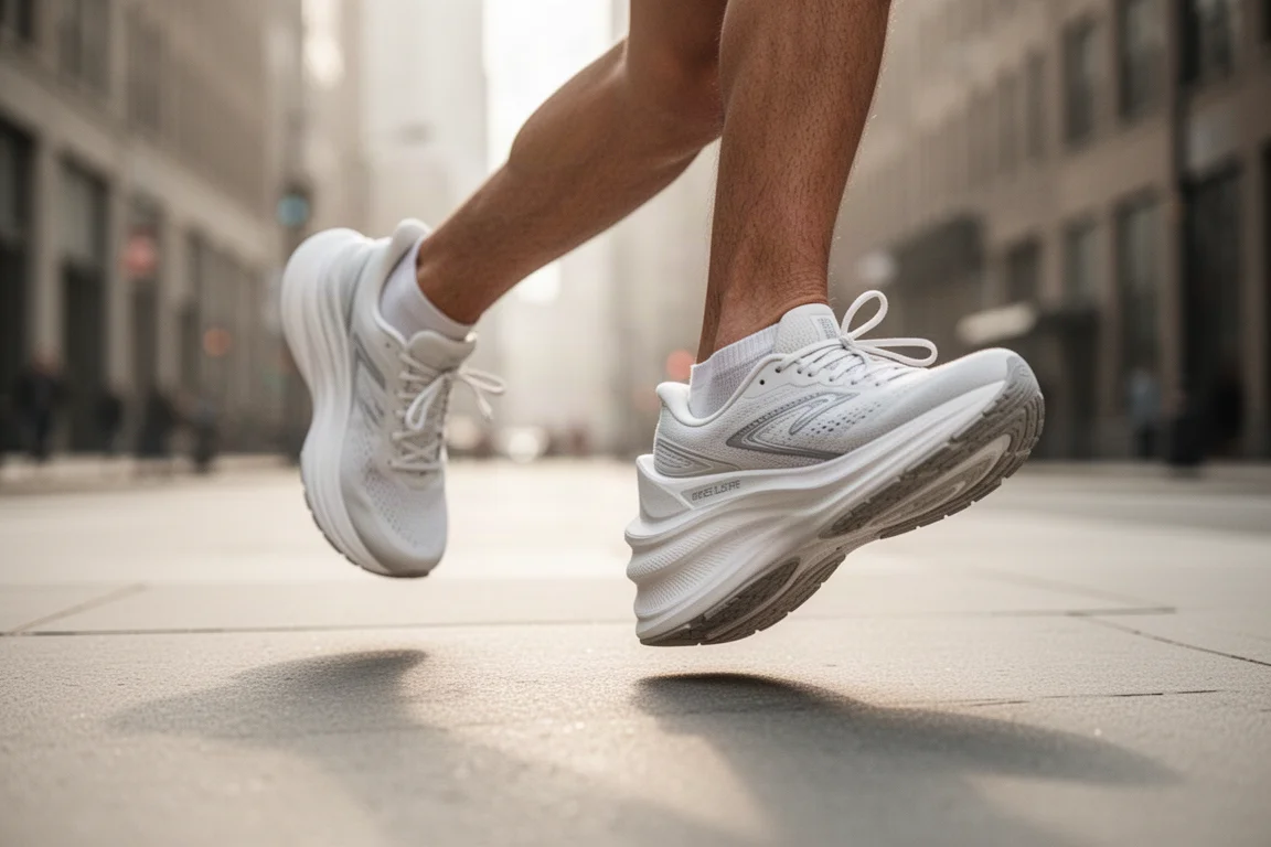 Runner's feet in tall-cushioned running shoes on a city pavement