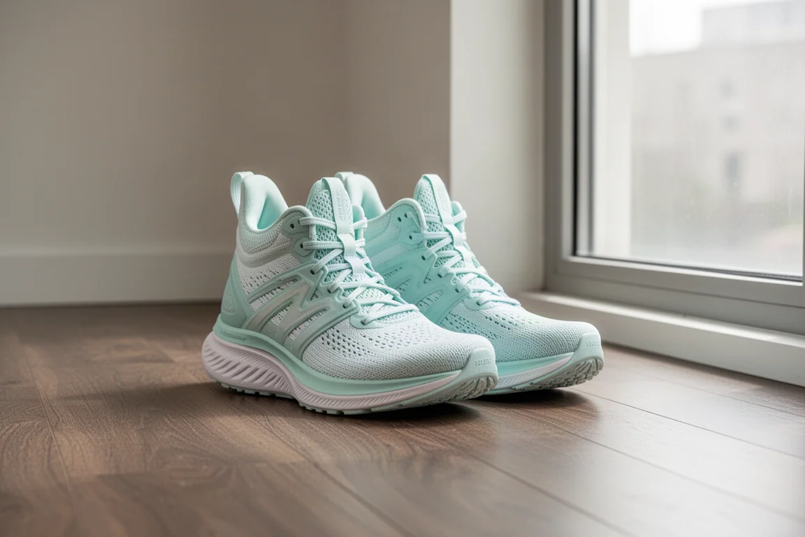 Running shoes on a wooden floor beside a window with soft daylight