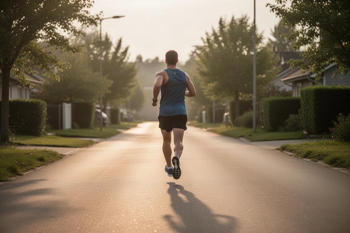 Runner moving at a relaxed pace along a quiet suburban road