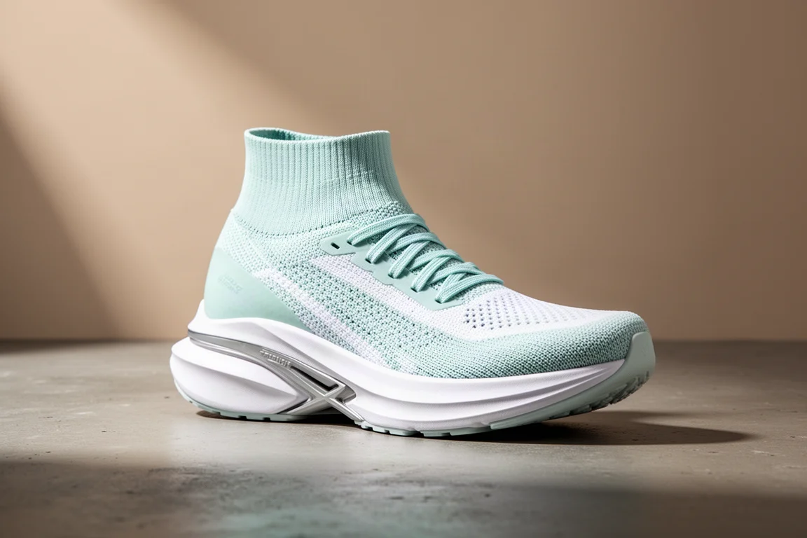 Hoka Skyward X Laufschuh mit hoher weißer Zwischensohle auf Betonuntergrund