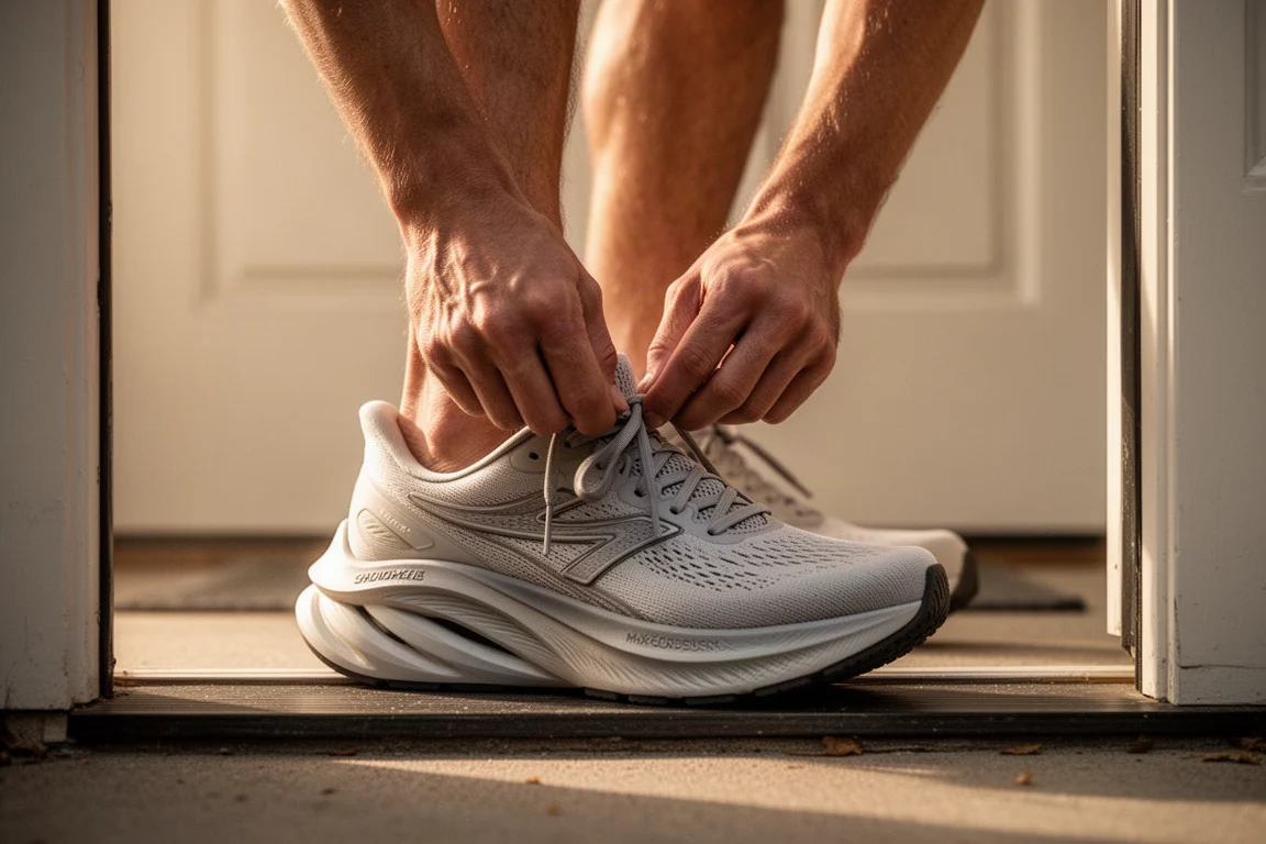 Läufer schnürt auf einer Haustürschwelle vor Sonnenaufgang einen Laufschuh mit dicker Max-Cushion-Sohle