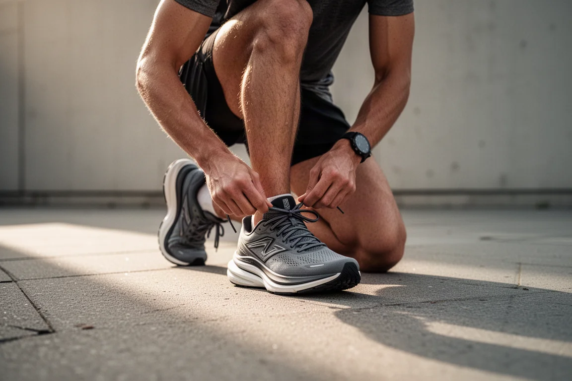 Un corridore allaccia una scarpa da running con massimo ammortizzatore e tallone molto alto su un marciapiede cittadino