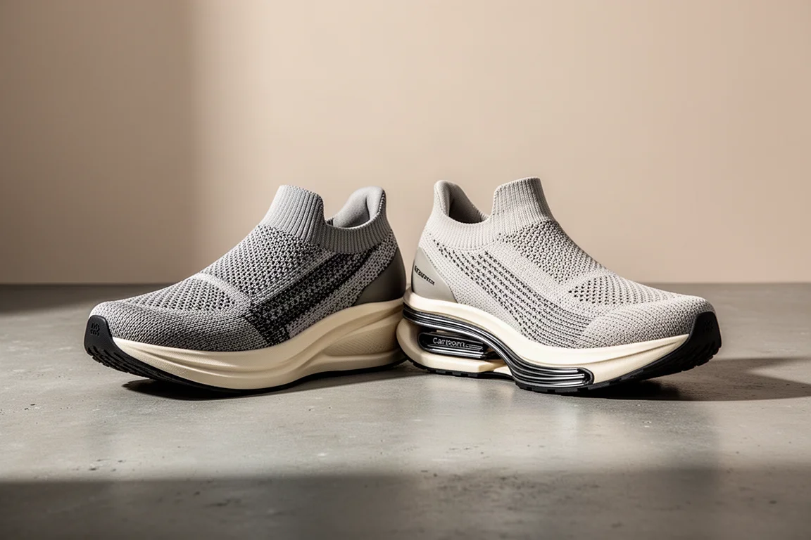Two max-cushion running shoes side by side on a concrete studio surface
