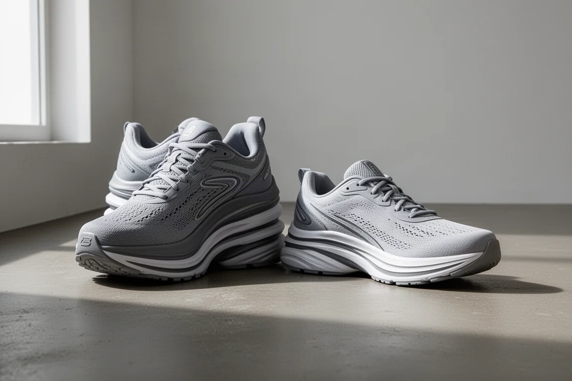 Two Hoka running shoes with thick layered midsoles side by side on concrete