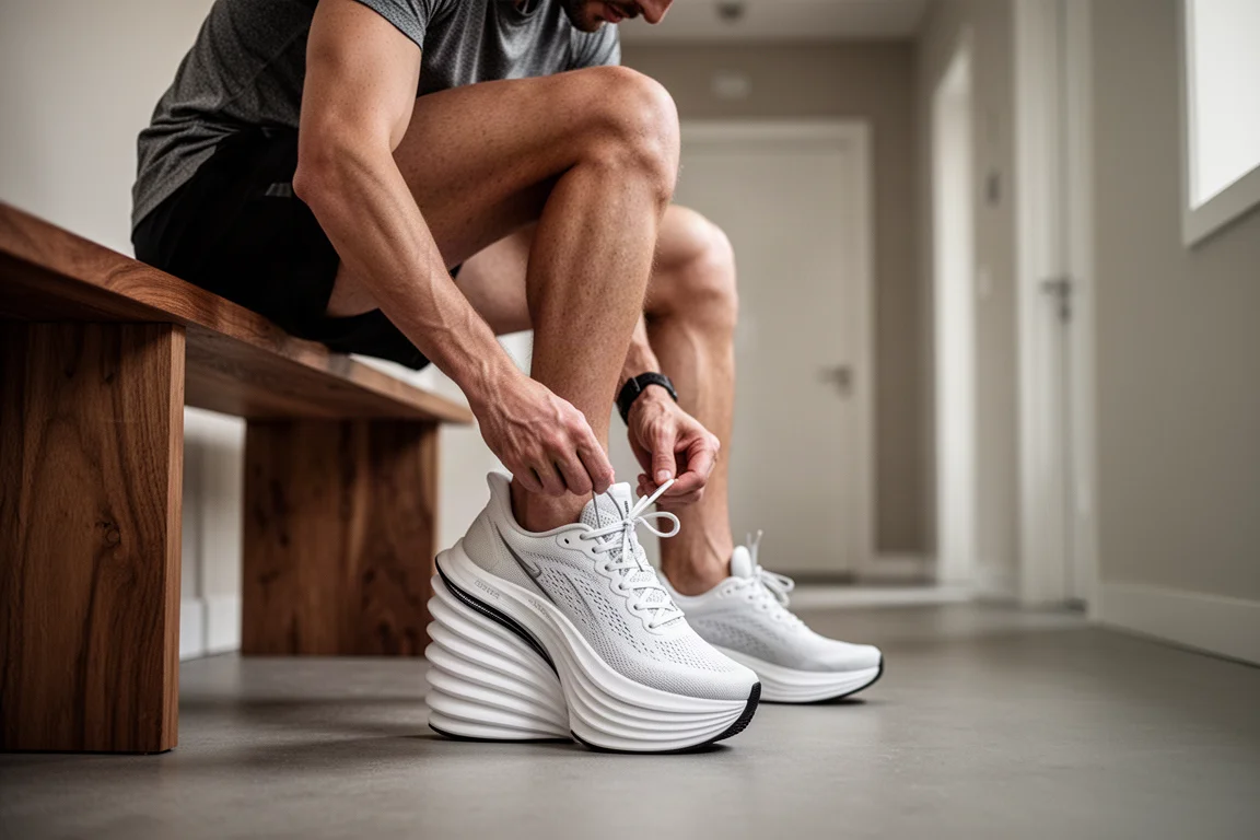 Läufer schnürt vor einer Tür einen Laufschuh mit dicker Sohle