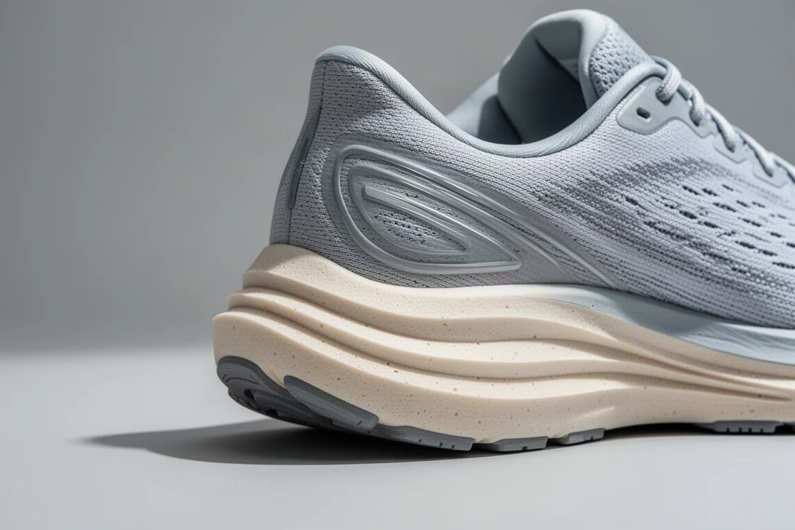 Nahaufnahme einer hohen Laufschuh-Mittelsohle neben einem Maßband