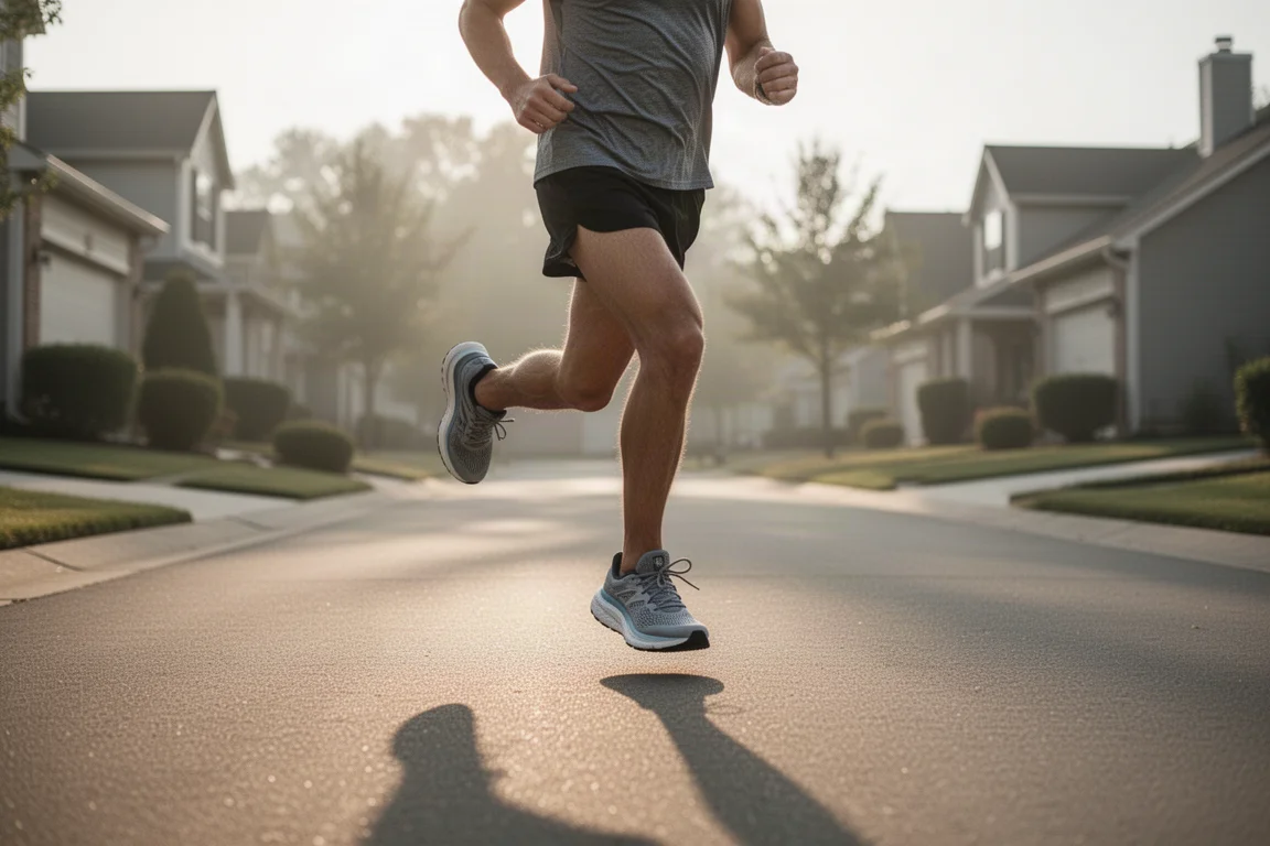 Läufer beginnt entspannten Morgenlauf auf ruhigen Vorortstraßen