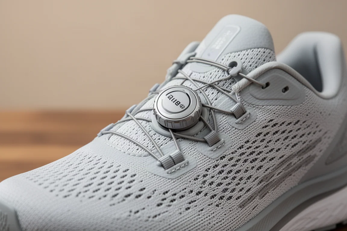 Nahaufnahme eines Drehverschluss-Schnürsystems, mit dem ein Laufschuh-Obermaterial festgezogen wird