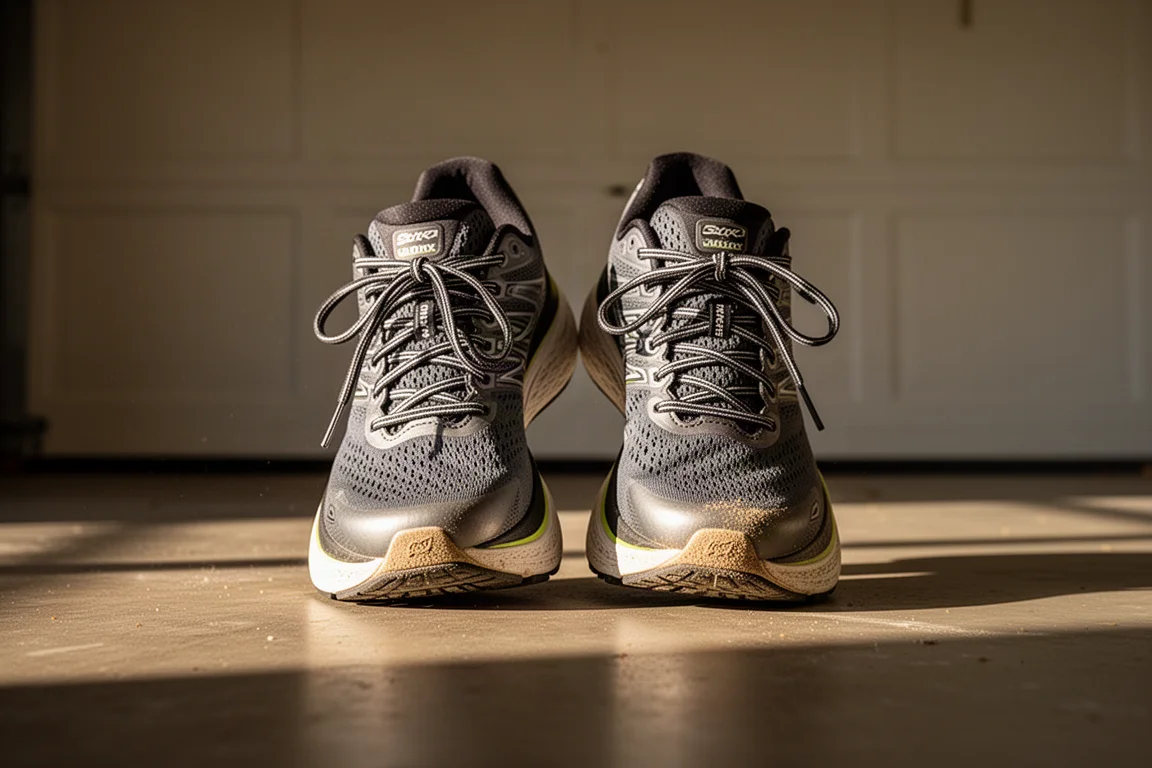 Zwei hoch gedämpfte Laufschuhe liegen nach einem langen Lauf nebeneinander