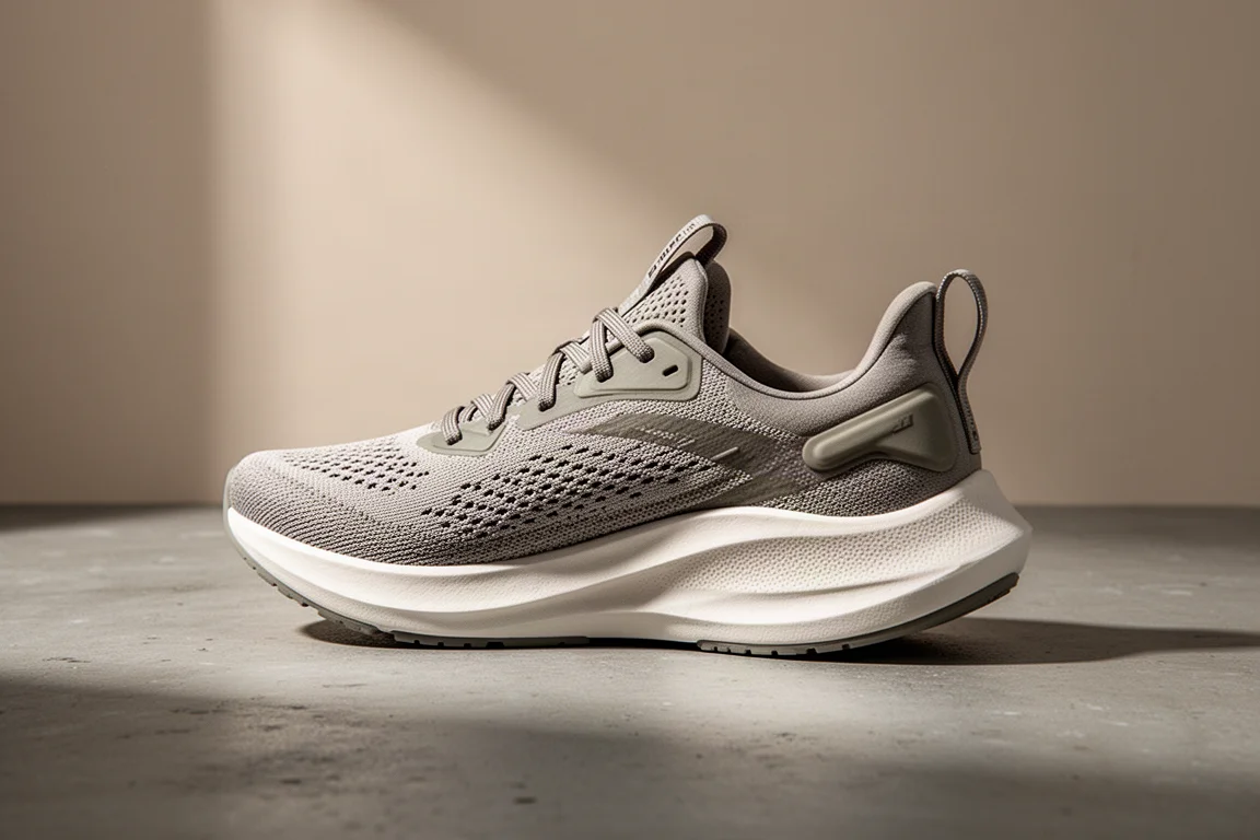 Lean low-profile running shoe with mesh upper on a concrete surface