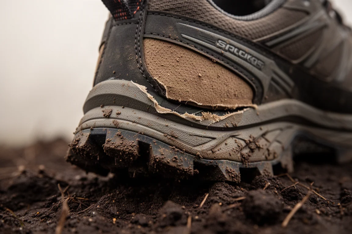 Versleten hiel van trailschoen op vochtige grond, rubberrand laat langzaam los