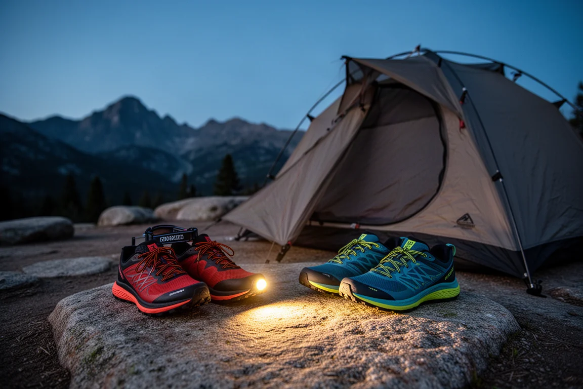 Twee paar trailschoenen naast een tent op een granieten kampeerplek in de schemering