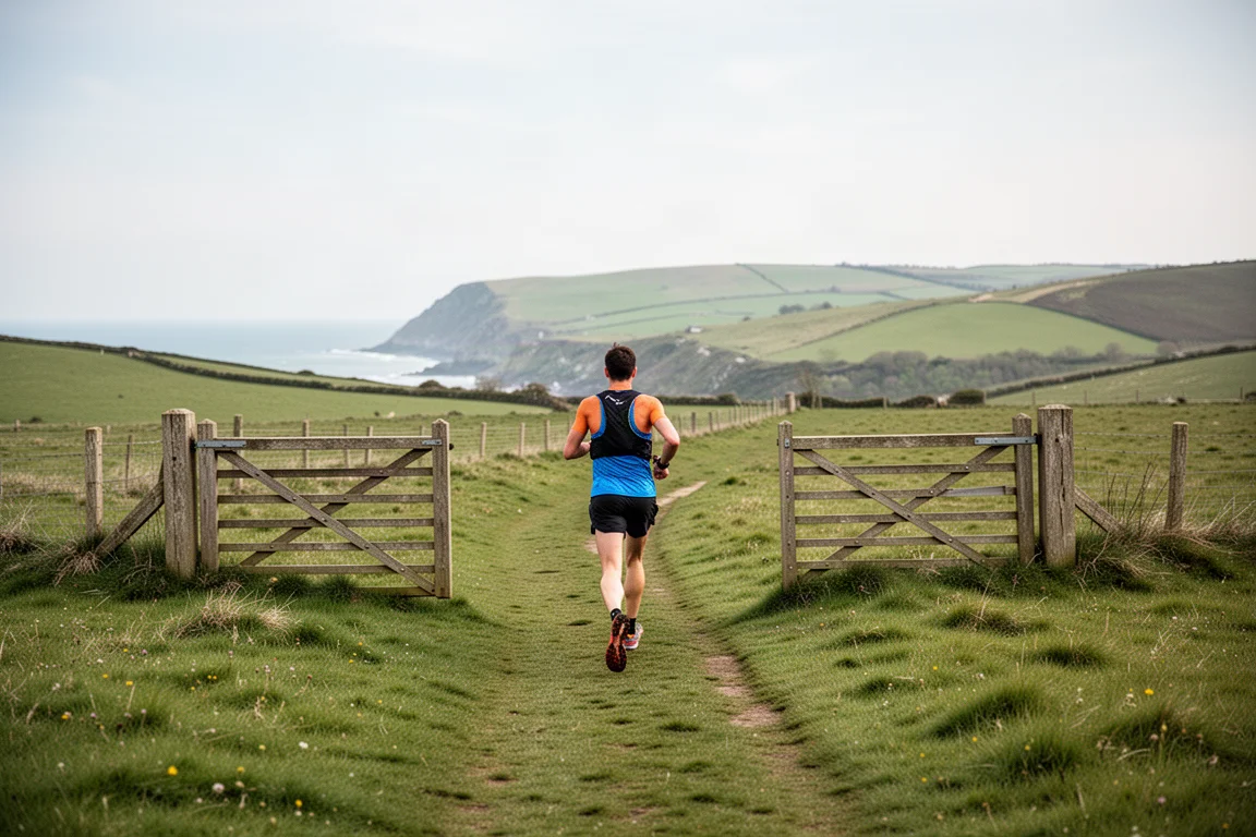 Trail runner crossing grassy inland fields on a coastal footpath
