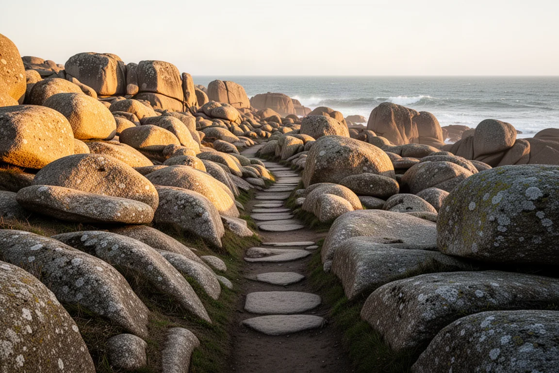 Rocky technical coastline with a narrow trail winding between outcrops
