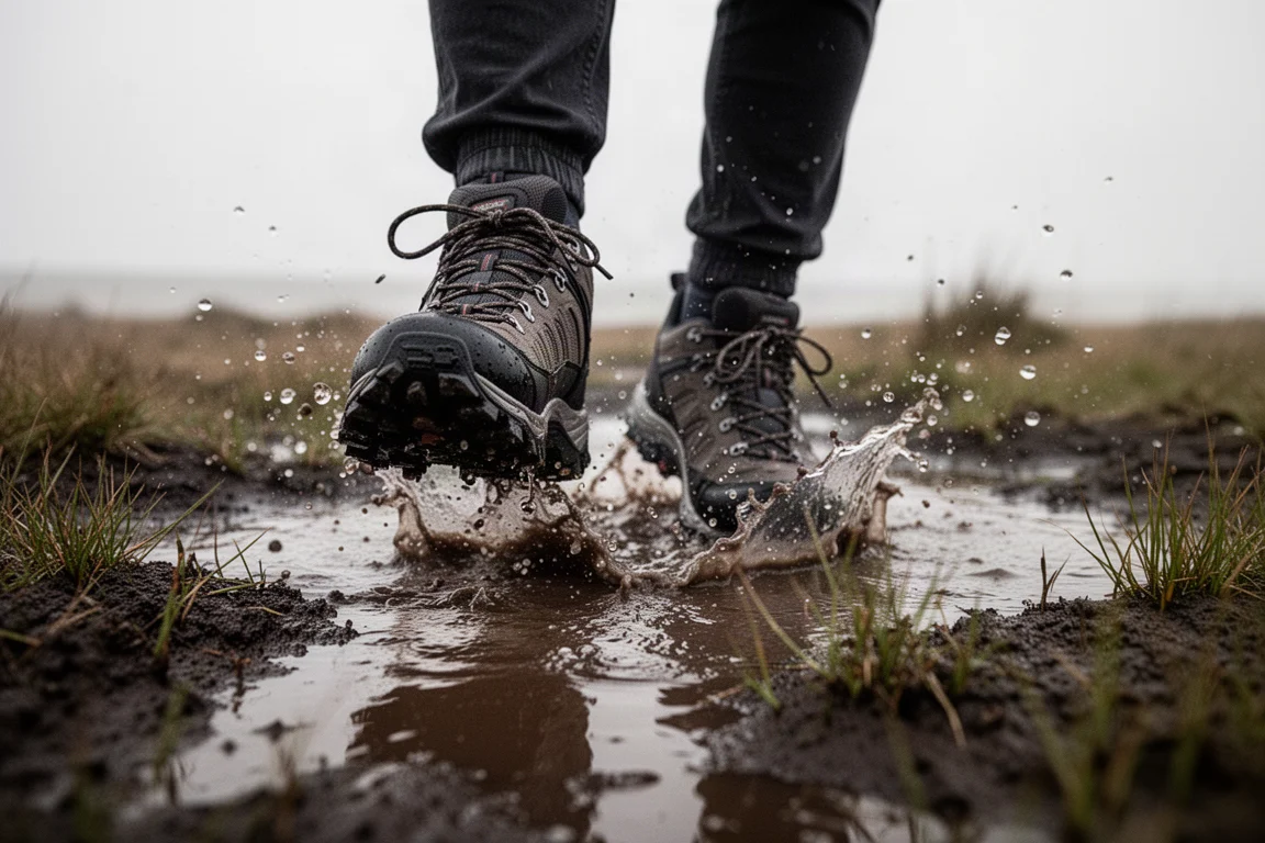 Trail runner's shoes ankle deep in a muddy bog on a coastal path