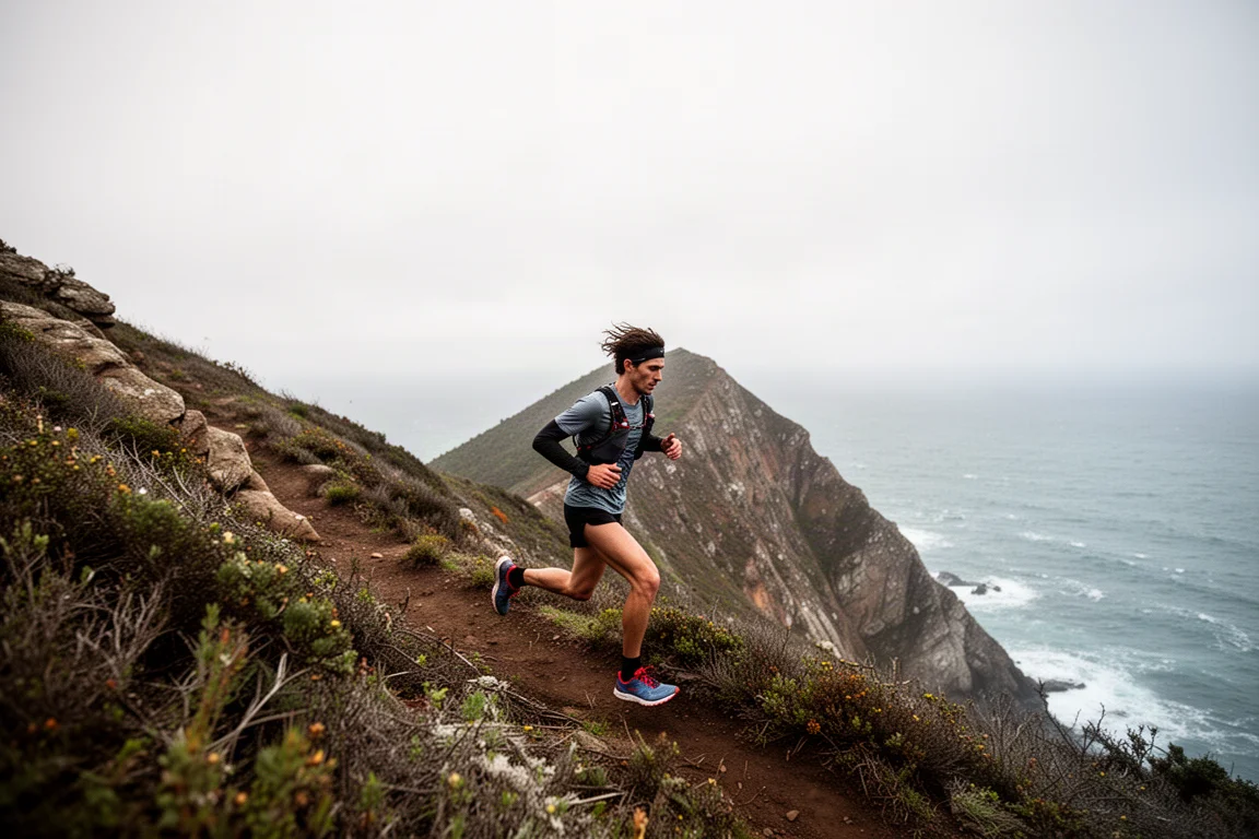 Steep coastal headland climb with a runner ascending under windy skies