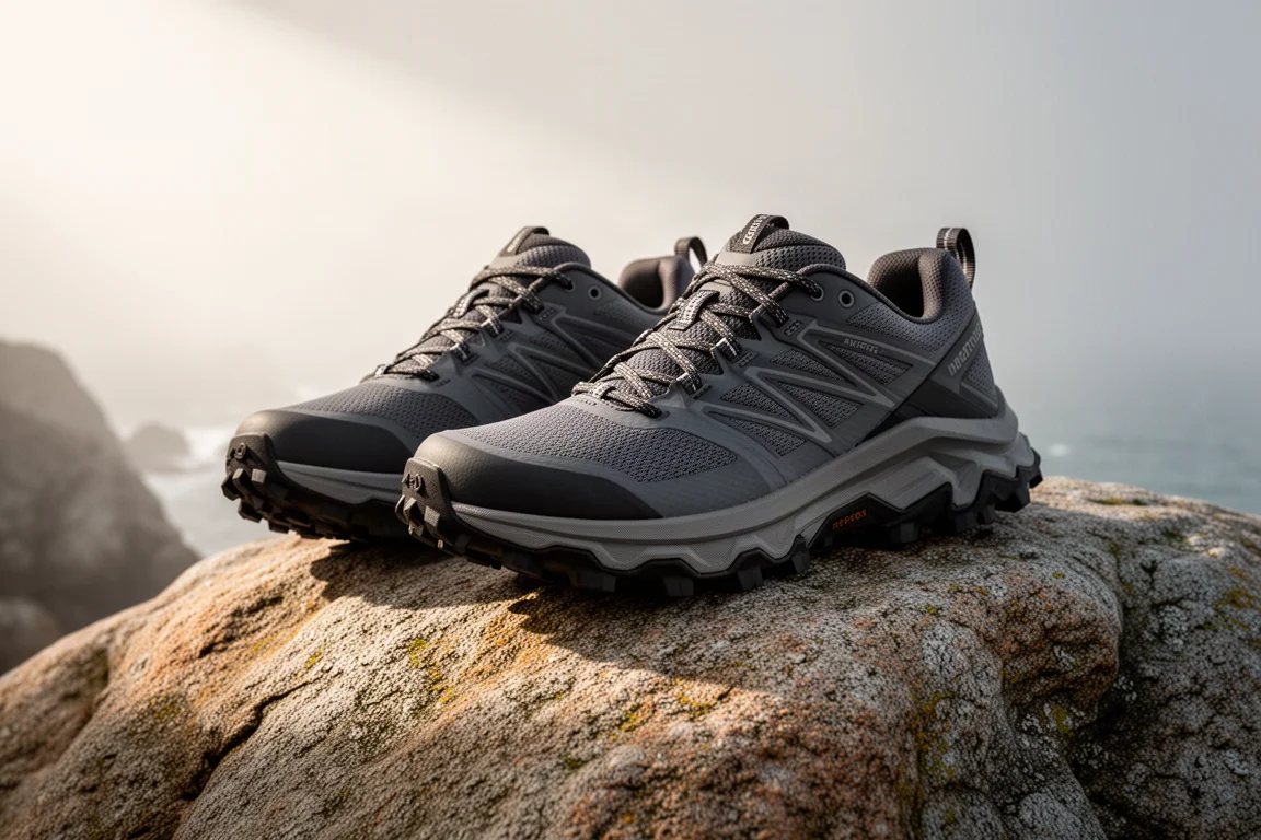 Pair of cushioned trail running shoes with lugged outsole on coastal granite rock