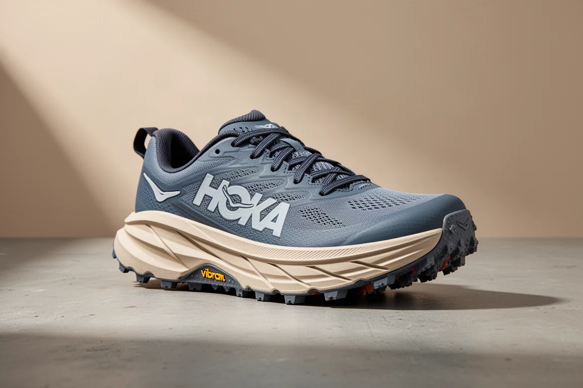コンクリートの上に置かれた、ラグの効いたアウトソールを持つ Hoka Speedgoat 5 のトレイルシュート